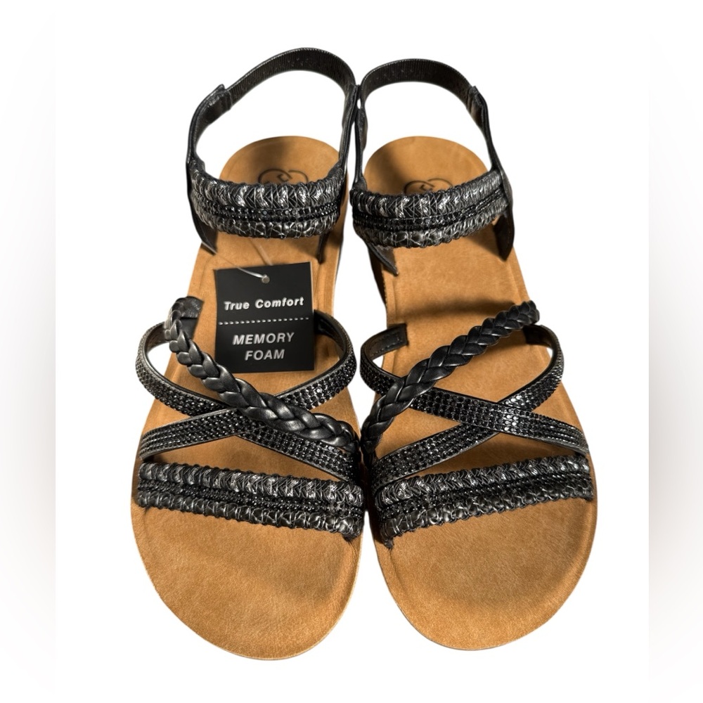 New! Daisy Fuentes Black Strappy Braided Wedge Sandals Comfy Memory Foam 7.5W